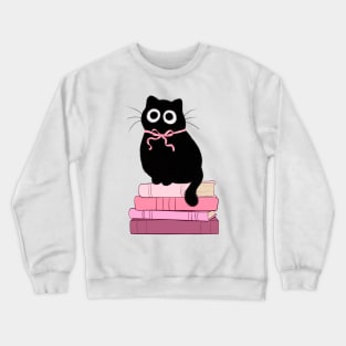 pink coquette cat on stack of books Crewneck Sweatshirt